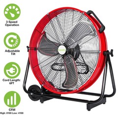 hykolity 24IN 8100 CFM High Velocity Industrial Drum Fan, 3-Speed Heavy Duty Red
