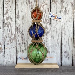 Glass Fishing Floats On Jute Rope – Red, Blue, Aqua, Green – Nautical Wall Decor