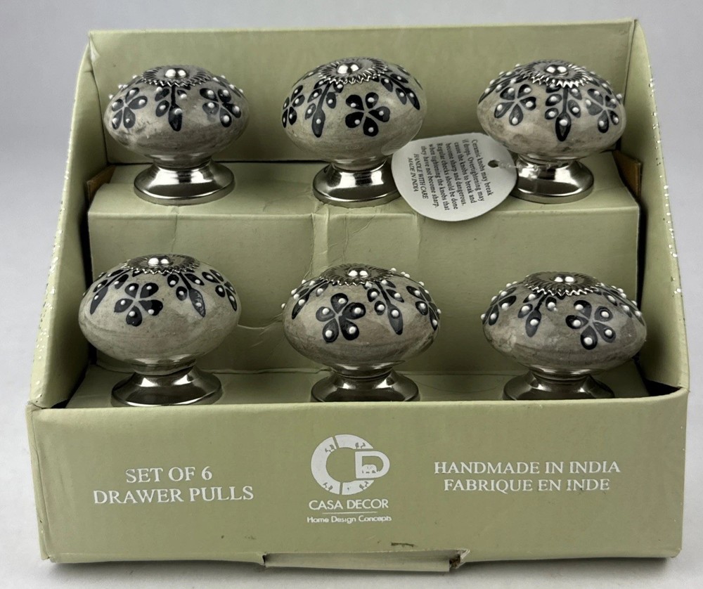 Casa Decor Ceramic Drawer Pull Knobs 6 Pc Silver / Tan /Black