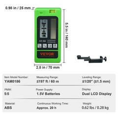 Laser Receiver Detector with Clamp 197ft Range Compatible with Green & Red Beam