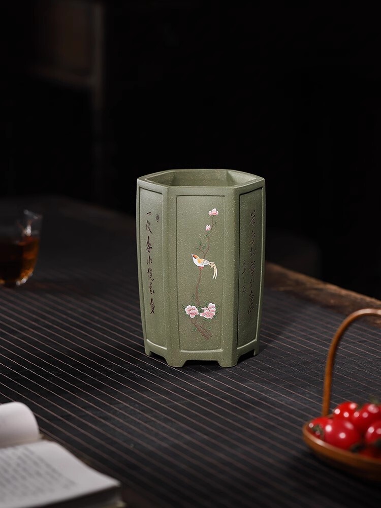 7.68in Chinese Collection Green Handmate Carving Painting Bonsai Clay Flower Pot