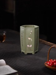 7.68in Chinese Collection Green Handmate Carving Painting Bonsai Clay Flower Pot