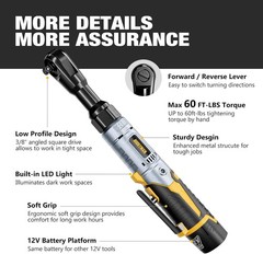 3/8″ Cordless Ratchet Wrench Set, 60FT-LBS(80N.m) Electric Ratchet, 12V Extended