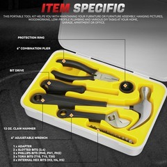 17Pc 12oz Rubber Face Hammer Adjustable Wrench Combination Plier Home Tool Kit
