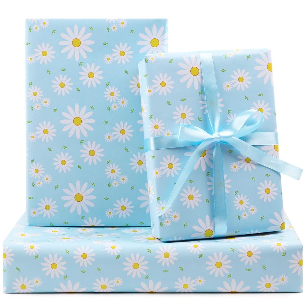 6 Sheets Daisy Wrapping Paper White Yellow Floral Blue Gift Wrap With Ribbon