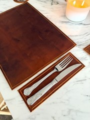 Leather Placemat Set | Rustic Handmade Table Mat | Coasters & Cutlery Holder