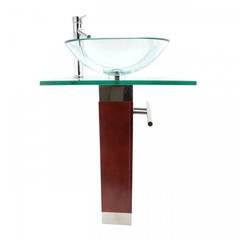 Rectangle Glass/Wood Bathroom Pedestal Sink with Chrome Faucet, Drain, Towel Bar
