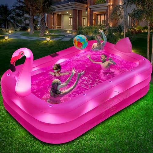 Inflatable Pool with Lights, Solar Flamingo Swimming Pool for Kids,Adults