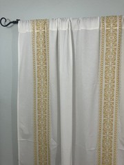 Anthropologie White Yellow Cotton Linen Curtain Panel Set Embroidered 84” x 50”