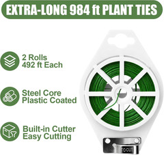 984FT Total (2 Rolls, 492FT Each) Garden Twist Ties with Cutter, Plant Ties for