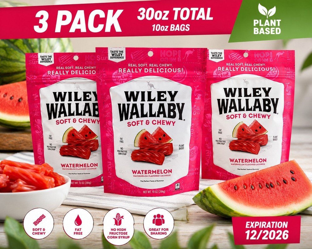 3 Pack Wiley Wallaby Watermelon Licorice Soft & Chewy Candy 10oz Bags 30oz