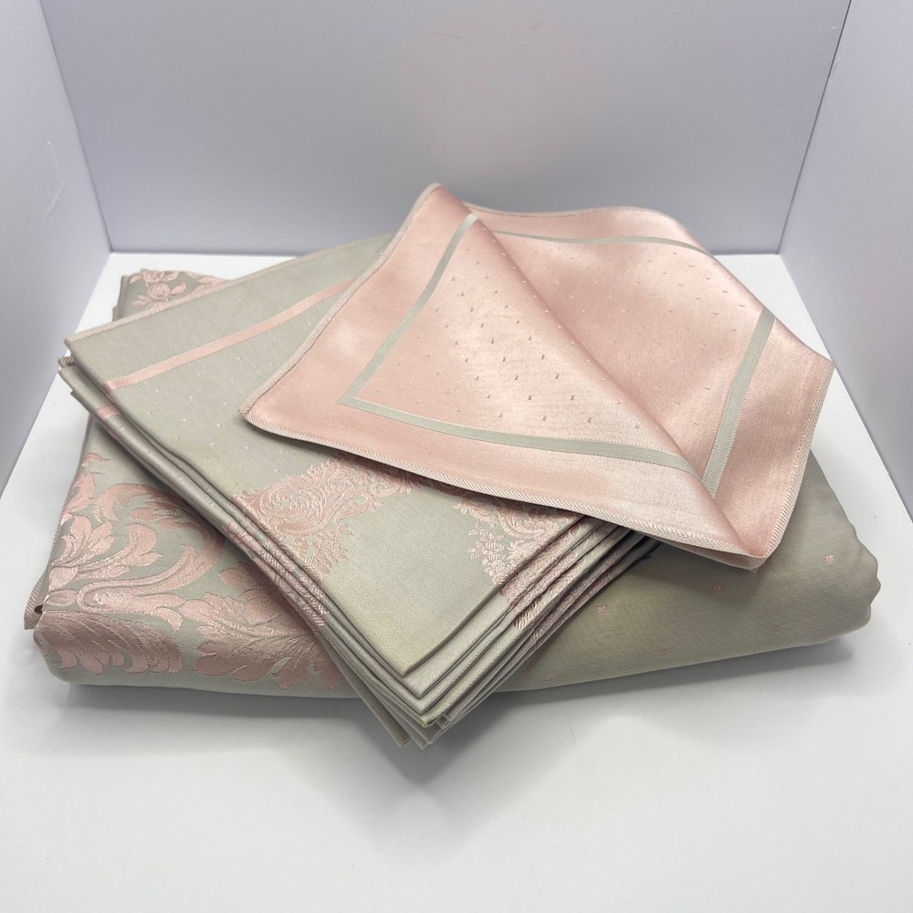 Vtg Reversible Gray Pink Damask Banquet Set 9.5 Ft Tablecloth & 11 Napkins