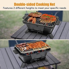 100% Cast Iron Charcoal Grill w/Grill & Grate Hooks Tabletop for Outdoor Camping