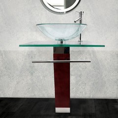 Rectangle Glass/Wood Bathroom Pedestal Sink with Chrome Faucet, Drain, Towel Bar