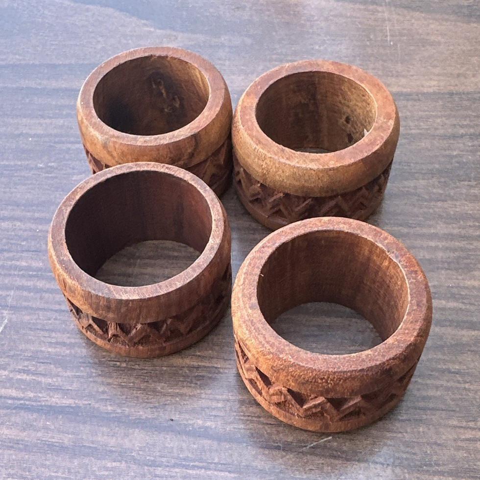 Set of 4 Carved Wood Napkin Rings Brown Tribal Theme Party Hand Wash Only