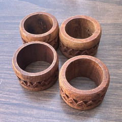 Set of 4 Carved Wood Napkin Rings Brown Tribal Theme Party Hand Wash Only