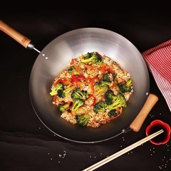 JOYCE CHEN Classic Series 14-Inch Carbon Steel Wok with Birch Handles Round Bott