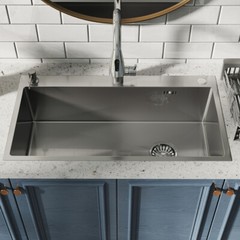 Silver Stainless Steel Kitchen Sink Drop In Top Mount Single Bowl Basin W/Faucet