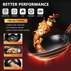 14 Piece Carbon Steel Wok Pan Set with Lid Flat Bottom Stir Fry Cookware