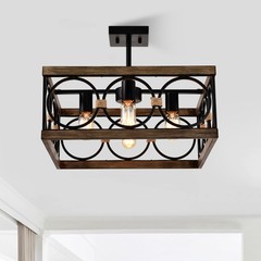 4-Light Square Kitchen Island Light Farmhouse Wood Black Metal Ceiling Fixture