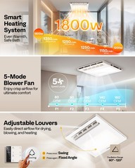 160 CFM Bathroom Exhaust Fan with LED Light, 1800W PTC Heater & Humidity Sensor