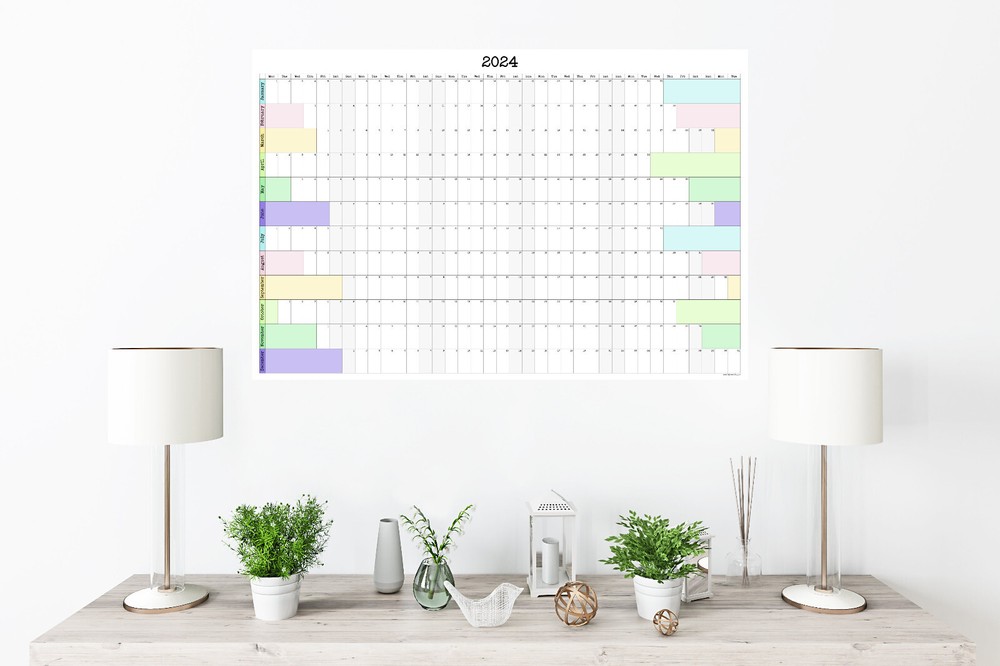 Large Wall Calendar Start On Any Month, 36″ x 24″ or 24″ x 16″