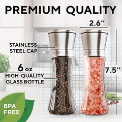 2PCS Premium Stainless Steel Salt and Pepper Grinder Shaker Mill Glass Bottle