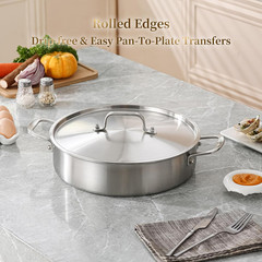 8QT Tri-Ply Stainless Steel Jumbo Sauté Pan with Lid, 13″ Heavy Duty Skillet