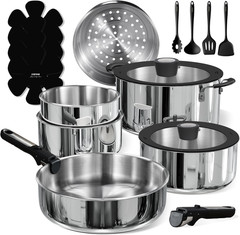 18Pcs Stainless Steel Cookware Set with Detachable Handle, Nonstick Pots and Pan