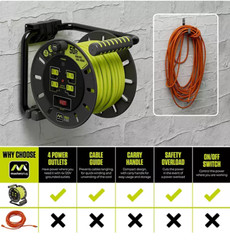 Masterplug 50ft Extension Cord Reel with 4 Sockets & Wall Mount – 13A Power