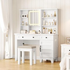 Farmhouse Makeup Vanity Desk, 57″ Tall Makeup Table with Wood Stool & 2 Drawers