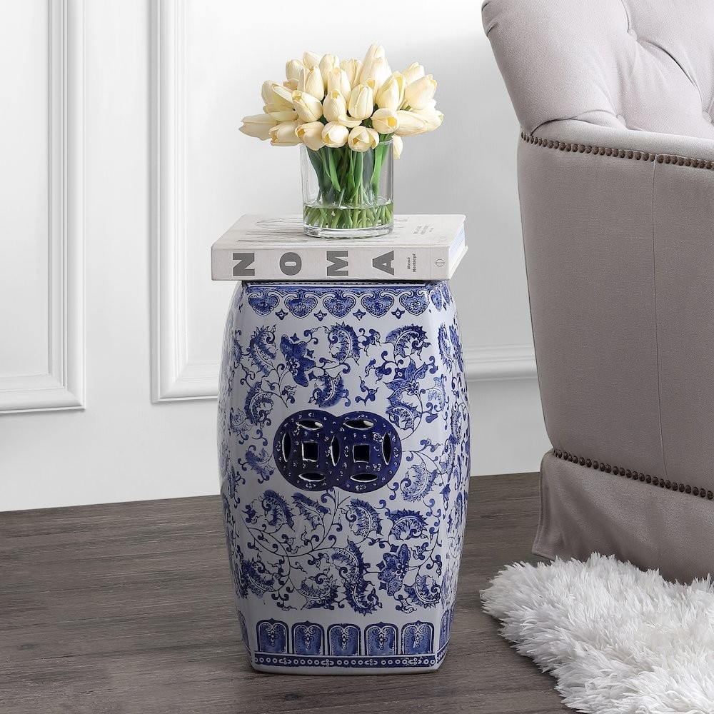 Floral Vine 18.5″ Blue and White Floral Chinoiserie Ceramic Drum Garden Stool
