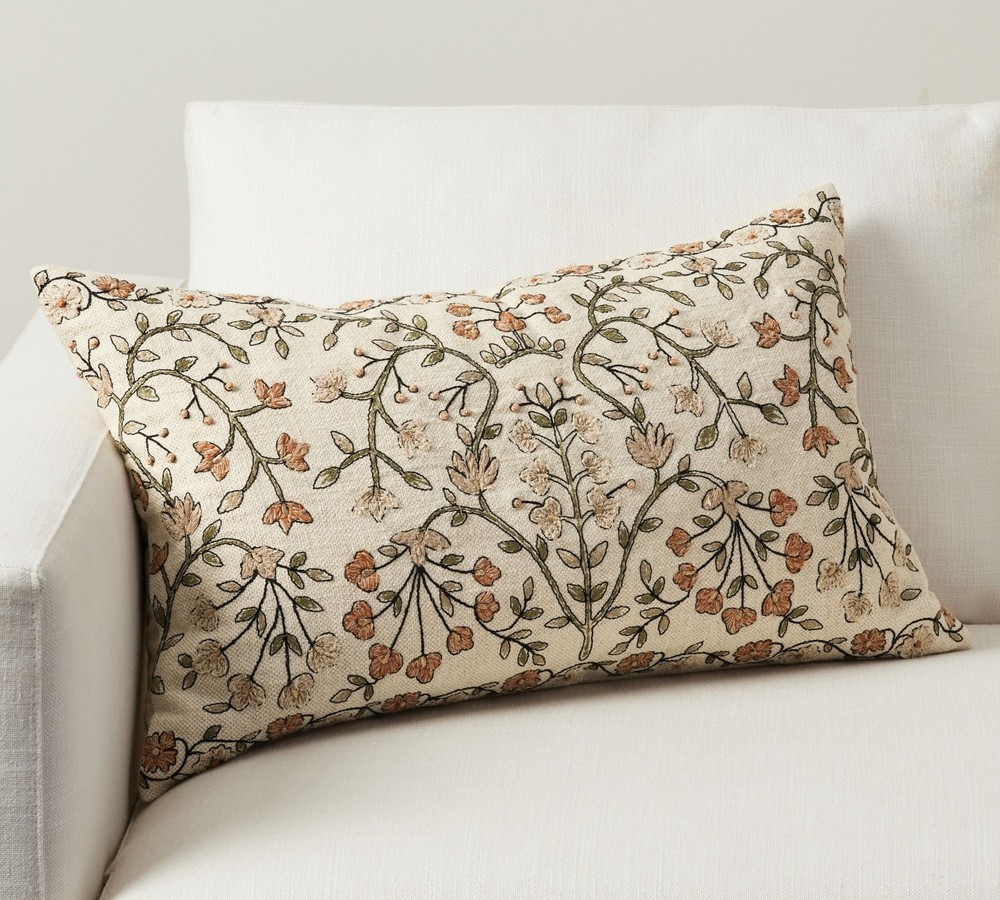Pottery Barn Zea Embroidered Lumbar Pillow Cover, 100% Cotton (US STOCK)