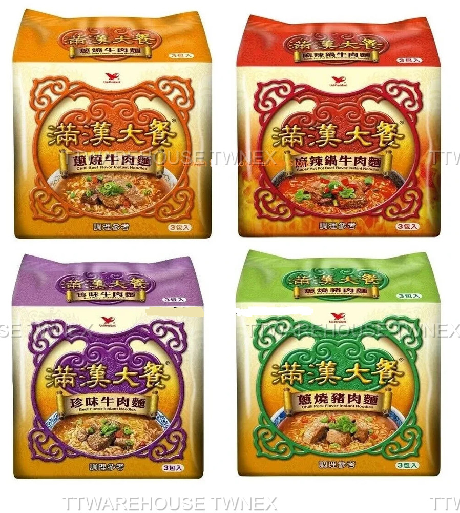 (各3包/共12包) NEW TAIWAN UNI-PRESIDENT INSTANT NOODLE 統一 滿漢大餐 蔥燒/珍味牛肉麵/麻辣鍋牛肉麵/蔥燒豬肉麵