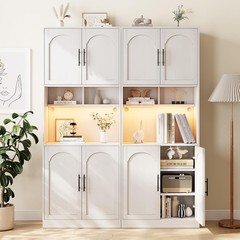 71″ Tall Pantry Cabinet w/LED Lights ,Kitchen Storage Hutch with Microwave Stand