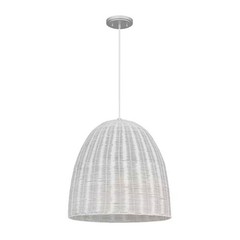 1-Light Silver Pendant Light White Rattan Shade Coastal Hanging Ceiling Fixture