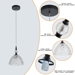 Modern Black Glass Pendant Light 7.68 in Globe Light Fixture with Clear K9 Cr…
