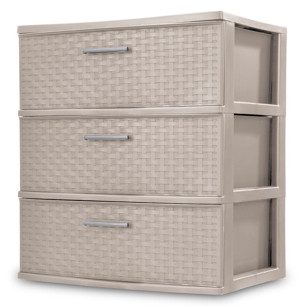 Sterilite 3 Drawer Wide Storage Tower, Plastic Weave Home Organizer, Grey Pumice