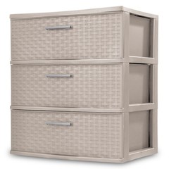 Sterilite 3 Drawer Wide Storage Tower, Plastic Weave Home Organizer, Grey Pumice