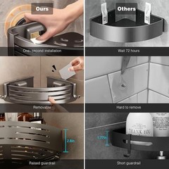 Aluminum Corner Shower Caddy Suction Cup, 2-Tier Shower Shelves with 8 Hooks