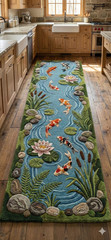 Hand Tufted Koi Pond Wool Runner Rug Nature Hallway Decor Water Garden Japanese