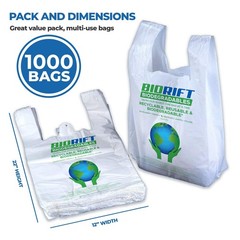 Biorift 1000ct Large T-Shirt Bags | Durable Grocery Shopping Bags | Made in USA