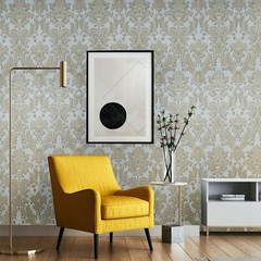 Ivory silver tan gold metallic crashed foil textured victorian damask Wallpaper