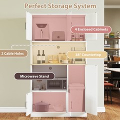71” Tall Kitchen Pantry Cabinet with Charging Station, Microwave Stand & Doors