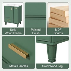 Bathroom Vanity with/Sink Solid Wood Frame Storage Cabinet w/Door Shelf, Drawer