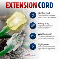 Outdoor/Indoor Extension Cord Heavy Duty 3 Prong SJTW, Flexible Long Power Cord
