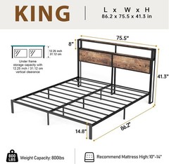 King Queen Full 4 Drawers Platform Bed Frame with LED Light, Charging Station