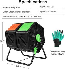 VIVOSUN 18.5/37/43 GaL Composting Tumbler Bin 360° Chamber Outdoor Gardening