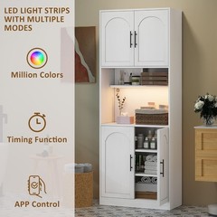 71″ Tall Pantry Cabinet w/LED Lights ,Kitchen Storage Hutch with Microwave Stand