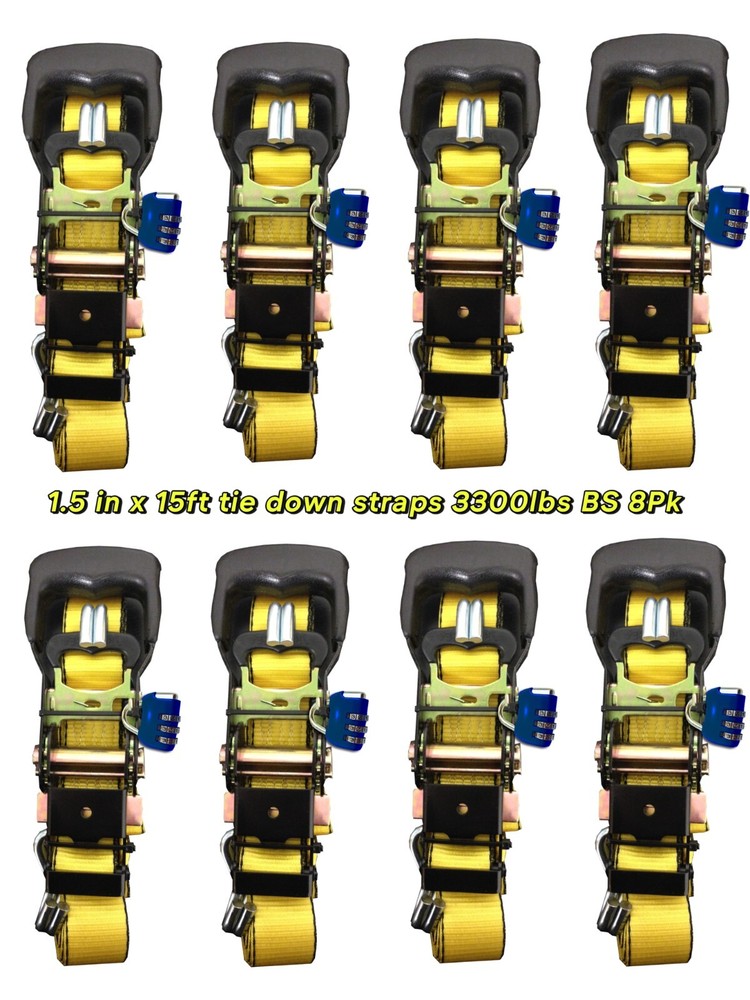 8-PK 1.5in x 15ft Ratchet Tie Down 3300LBS Break Strength 1100LBS Work Limit